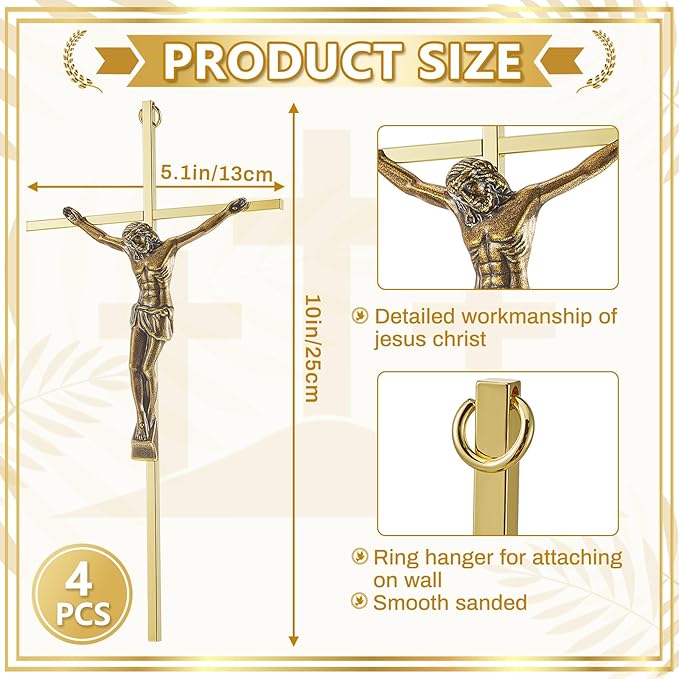 Leinuosen 4 Pieces Crucifix Wall Cross Catholic Slender Metal Crosses Wall Decor for Home Decor Hanging Jesus, 10 x 5 x 1 Inches(Gold)