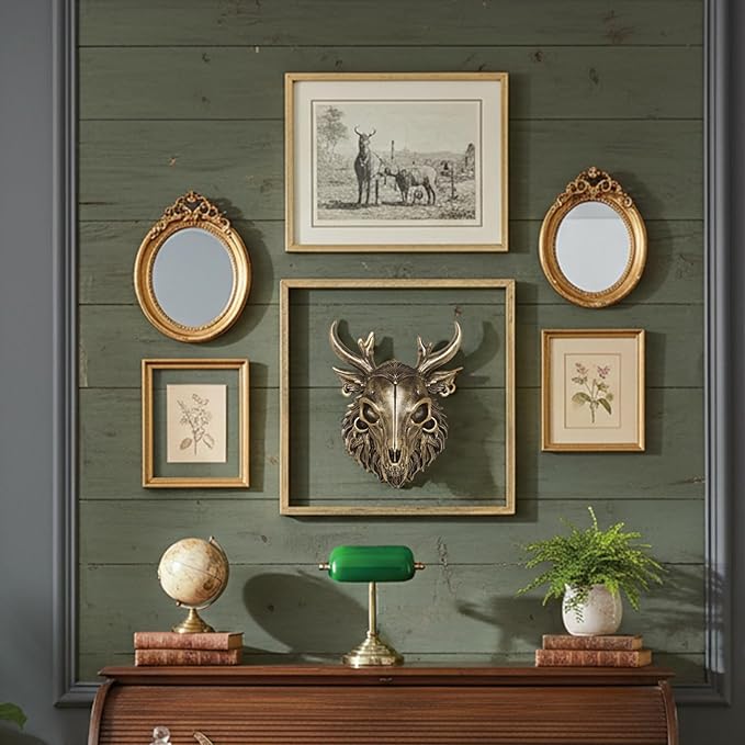 JJALIGHTS Exquisite Resin Animal Head Wall Sculpture (Gift Metal Frame) - Imitation Copper Vintage Decor for Living Room, Bedroom & Office | Decorative Wall Hanging Art (Wendigo)