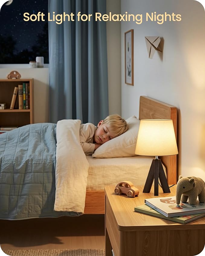 Tripod Table Lamp, 14.6" Small Bedside Table Lamp, Modern Nightstand Lamp with White Linen Shade & Dark Walnut Base, Boho Desk Lamp for Bedroom, Kids Room, Living Room, Study, VW51TL05