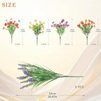 INQCMY Artificial Flowers for Outdoors UV Resistan 12 Pcs Silk Daisies with Eucalyptus Leaves and 2 Pcs Lavender Suitable for Porch Balcony Courtyard Garden (Red Lotus Orange Yellow Red)