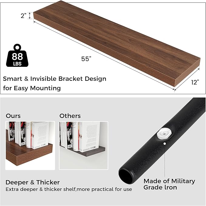 Venusmiles Floating Shelves for Wall, 55 Inch Wide x 12 Inch Deep Floating Shelves, Long Wood Floating Wall Shelf Shelves for Living Room Bathroom Bedroom Kitchen Home - (Walnut, 55" W x 12" D x 2" H)