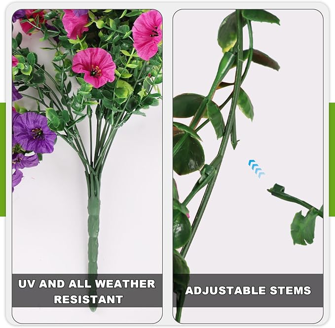 Fake Artificial Hanging Flowers for Outdoor, 2 PCS Silk Morning Glory Faux Flowers with Eucalyptus Leaves,Realistic Hanging Plants for Wedding Home Office Garden Decor