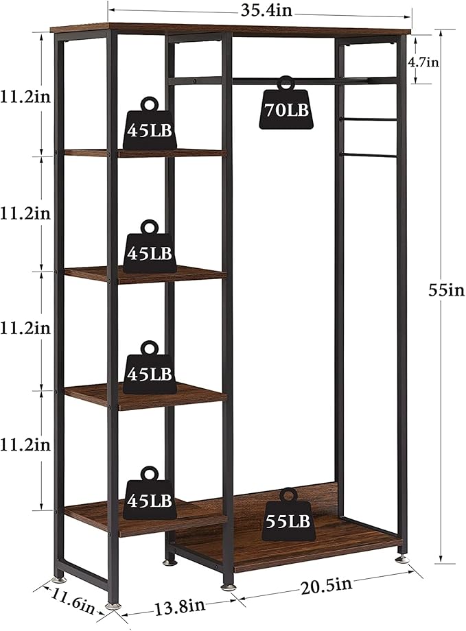 VECELO Open Garment Clothing Rack, Free-Standing Heavy Duty Storage Closet with 5 Shelves and Hanging Rod for Small Spaces, Max Load 350LBS, Brown