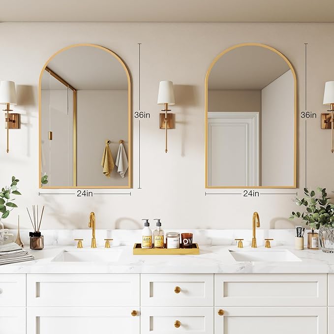 DUMOS Gold Metal Arch Vanity Rounded Rectangle Bathroom Mirrors for Over Sink Wall, 24x37 Inch Large Matte Mirror, Modern Decorative for Restroom, Farmhouse