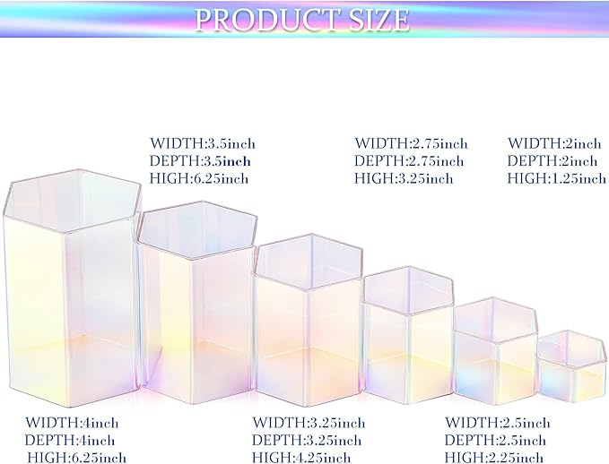 Jetec 12 Pcs Hexagonal Jewelry Display Risers Hexagonal Market Display Risers Stands Acrylic Showcase Acrylic Stand for Jewelry Model Figures Decoration, 6 Sizes (Rainbow Color)