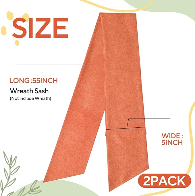 2 Pcs Orange Wreath Sash for Front Door Linen Wreath Ribbon Bow for Fall Yard Porch Garland Home Decor