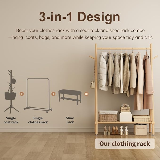 Solid Wood Clothing Rack, Rolling Clothes Rack for Hanging Clothes, Garment Rack with Shelves Load 350 Lbs, Portable Closet Organizer on Wheels for Hanging Clothes (Natural)