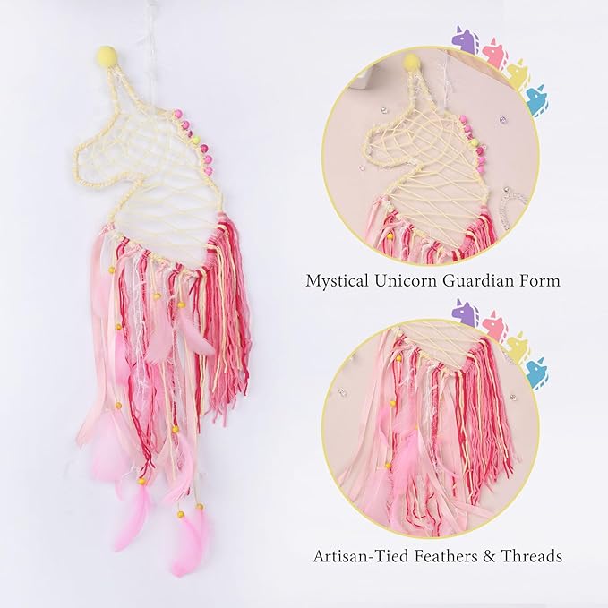 Pretty Jolly Unicorn Dream Catchers for Little Girls Bedroom Handmade Kids Dreamcatcher with Fluffy Pom Poms Feathers&Beads,Nursery Wall Decor for Toddler Girls Room,Children Birthday Gift(Yellow)