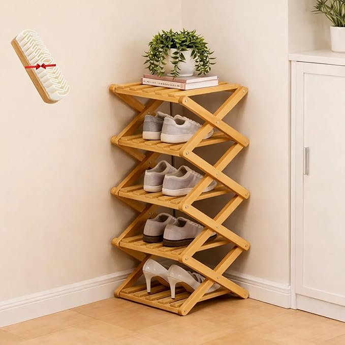 The 9-Tier No-Assembly Bamboo Rack, Folding Bamboo Shoe Rack Organizer with Collapsible Vertical Design, Space-Saving & No-Tool Assembly, for Entryways,Corners,Bedrooms,Balconies (Yellow,5)