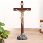 Crucifix Standing - Hand Painted Wooden Cross Table Decor, Standing Jesus Cross Catholic Home Decor Religious Gifts 15 Inch