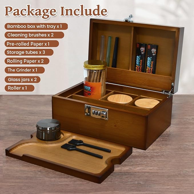 Large Bamboo Storage Box with Lock, Removable Tray, Glass Jars & Accessories, Elegant Wooden Household Organizer, Home Decor Gift Set