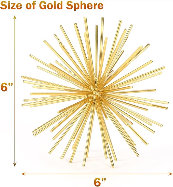 Metal Decorative Starburst Ball, 6 Inch Gold Sphere Decor, Spiky Star Burst Tabletop Sculpture, Mid-Century Modern Metal Spike Ball for Home, Living Room, Office & Shelf Decor