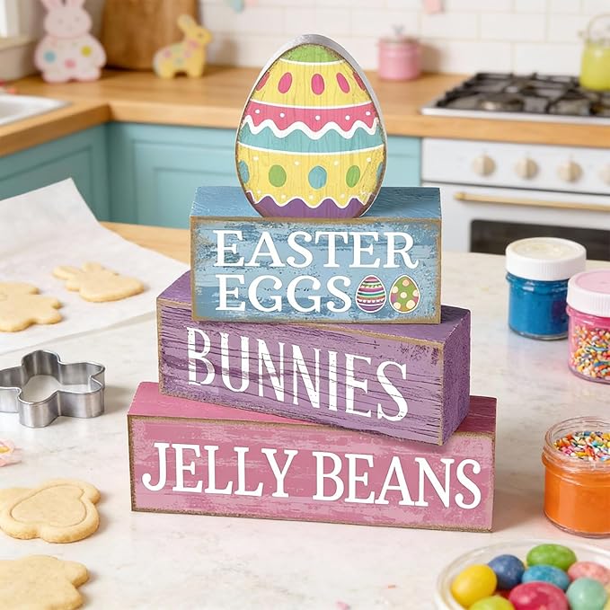 Lineshading 4 Pcs Easter Table Decoration Wooden Pastel Egg - No Assembly Required Reusable Happy Easter Tiered Tray Decor, Perfect for Home Kitchen Shelf Party Farmhouse Centerpieces & Holy Week Gift