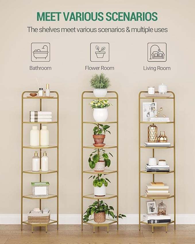 Hzuaneri Corner Shelf Stand, 6-Tier Glass Bookshelf Bookcase, Bathroom Organizer, Plant Stand, Steel Frame, Tempered Glass, Modern Style for Living Room, Bathroom, Kitchen, Golden CS90600G
