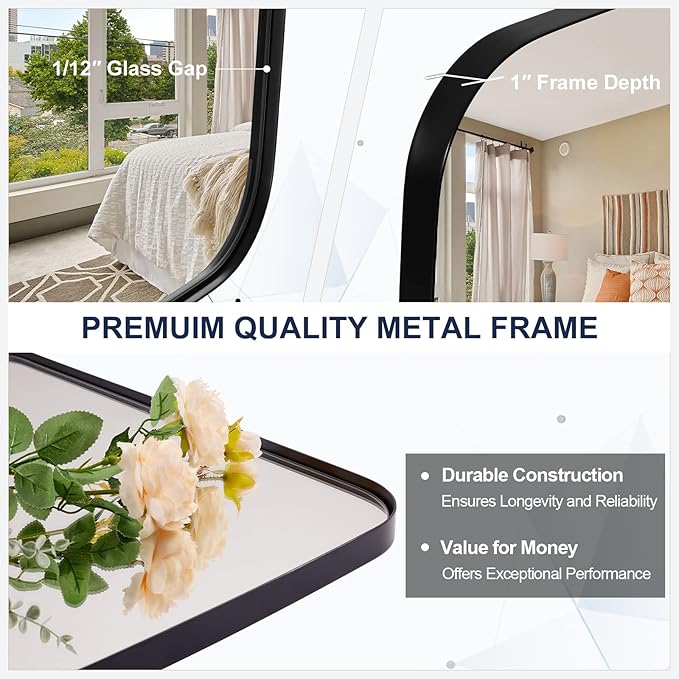 ANDY STAR 24x48 Black Bathroom Mirror, Oblong Vanity Mirror with Stainless Steel Metal Frame, Matte Black Oval Mirror for Over Sink, Modern Anti Rust Wall Mounted