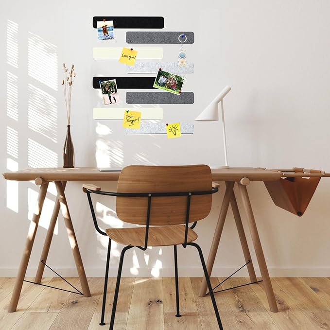 8Pcs Rectangle Felt Cork Board Bar Strips with 35 Pushpins, Self-Adhesive Bulletin Board Strips for Office School Home Wall Decor Stickers Memos Schedules Photos Display -Gradual Grey