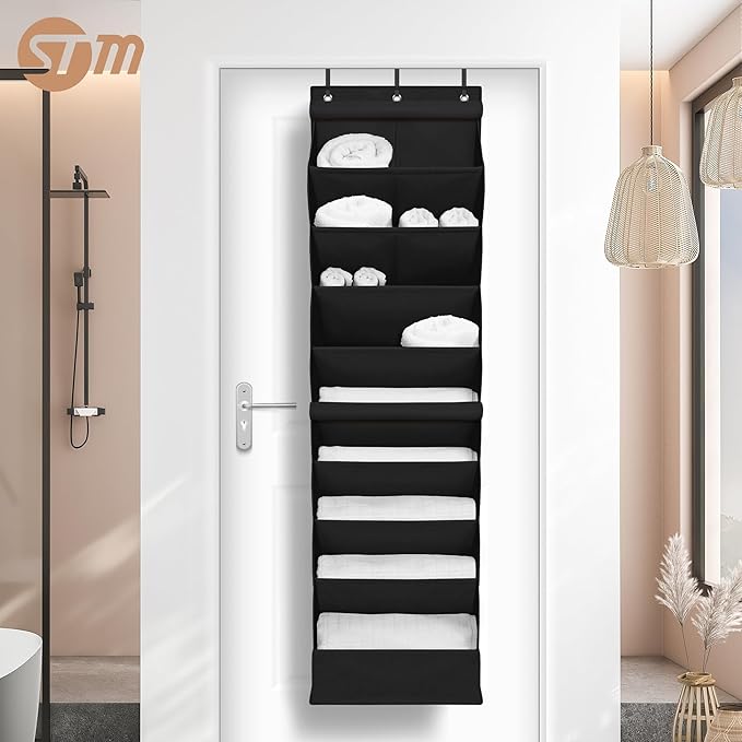 STORAGE MANIAC Over the Door Shoe Organizer with Curtain Dustproof Heavy-Duty Large Deep Pocket Hanging Shoe Organizer for Closet Dorm & Narrow Door Storage Shoe Holder Shoe Rack, 9-Shelf Black 1 Pack