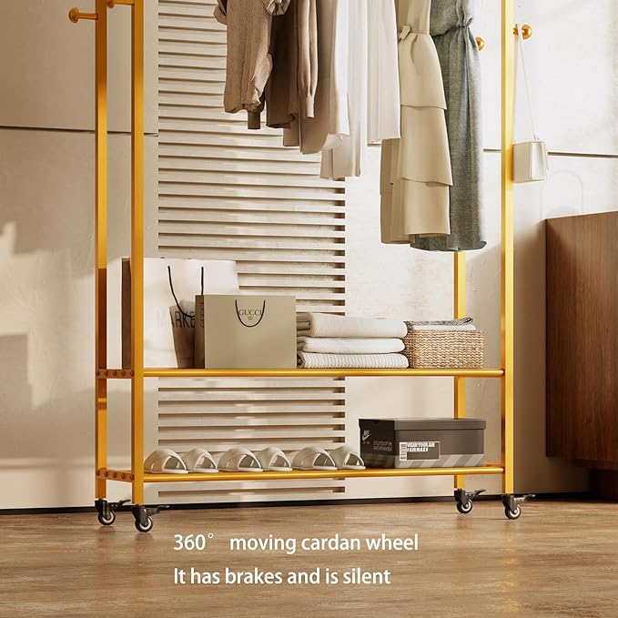 Sturdy Heavy Duty Clothes Rack With Wheels,Modern Clothing Rack With Shelves & hooks, Garment Racks for Hanging Clothes,Closet Rack for Bedroom,49.21in Wide,Clothes Storage and Display (gold)