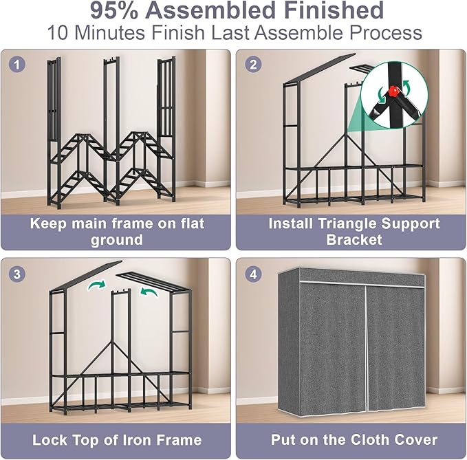 95% Assembled Heavy Duty Garmen Clothes Rack, 59" Lx68 H Freestanding Flodable Strong Portable Clothing Rracks with Cover,Black