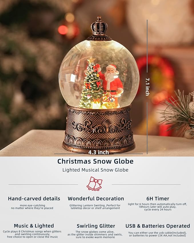 Snow Globe Christmas with Santa Claus, Lighted Christmas Snow Globes with Timer, Swirling Musical Glittering Snowglobe Lantern for Decorations(Santa Claus Gifts)