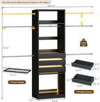 Closet System, 4-8FT Closet Organizer with 3 Wood Drawers & Glass Top, 102'' Walk in Closet with 5 Hang Rods & LED Lights & Trouser Rack, Built-in Wardrobe Clothes Rack with Shelves and Tower, Black