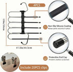 Pants Hangers Space Saving, 5 Tier Jeans Hanger for Closet, Black Multiple Heavy Duty Stainless Steel Pant Rack for Trousers, Legging with 20 Clips (4 Pack)