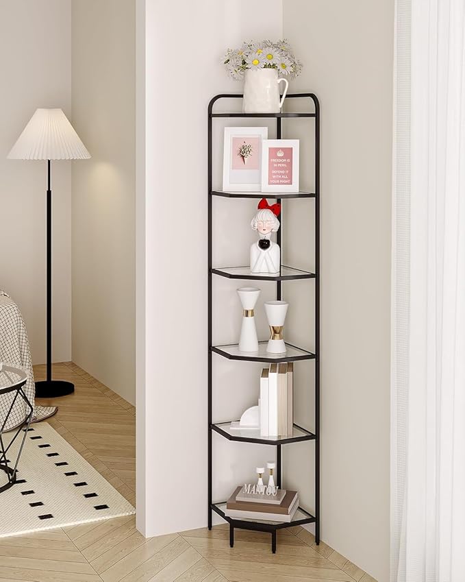Hzuaneri Corner Shelf Stand, 6-Tier Glass Bookshelf Bookcase, Bathroom Organizer, Plant Stand, Steel Frame, Tempered Glass, Modern Style for Living Room, Bathroom, Kitchen, Black CS90600B
