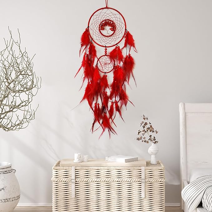 Red Dream Catcher Wall Decor Crystal Tree of Life Dream Catchers Handmade Feather Dreamcatcher Wall Hanging Ornament for Bedroom Living Room Home Decor