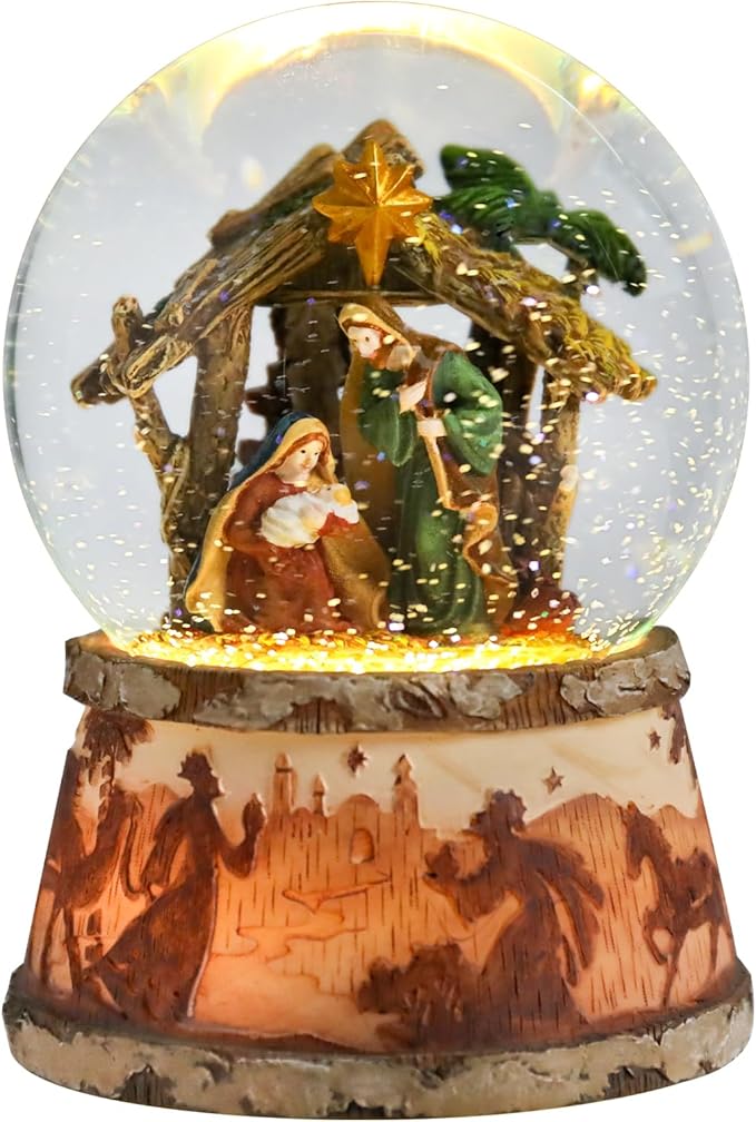 Christmas Snow Globe Musical - Nativity Snowglobes Water Snow Globes with 5 Colors Change LED Light Music Box Home Christmas Decor for Kids Wooden