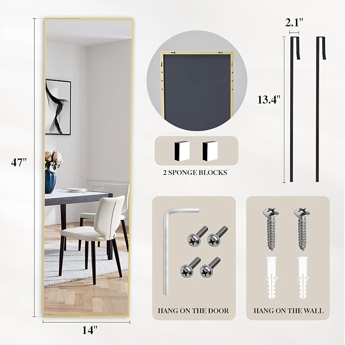 DUMOS 47"x14" Full Length Door Mirror, Full Body Mirror with Aluminum Alloy Thin Frame, Leaning or Hanging, Suitable for Bedroom, Livingroom, Cloakroom, Gold