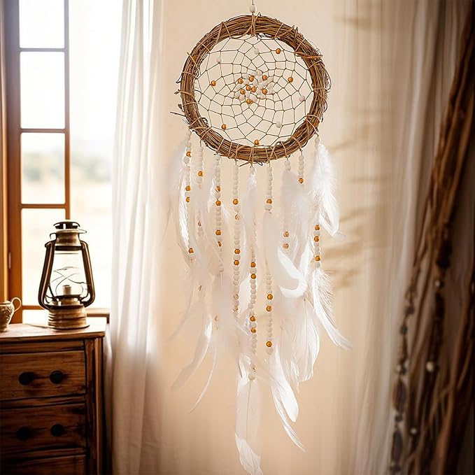 Dream Catcher Native American Boho Dreamcatcher White Wall Decor, Handmade Rattan Natural Goose Feathers Wall Hanging Art Piece Indian Room Decor for Bedroom Living Room Wedding