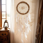 Dream Catcher Native American Boho Dreamcatcher White Wall Decor, Handmade Rattan Natural Goose Feathers Wall Hanging Art Piece Indian Room Decor for Bedroom Living Room Wedding