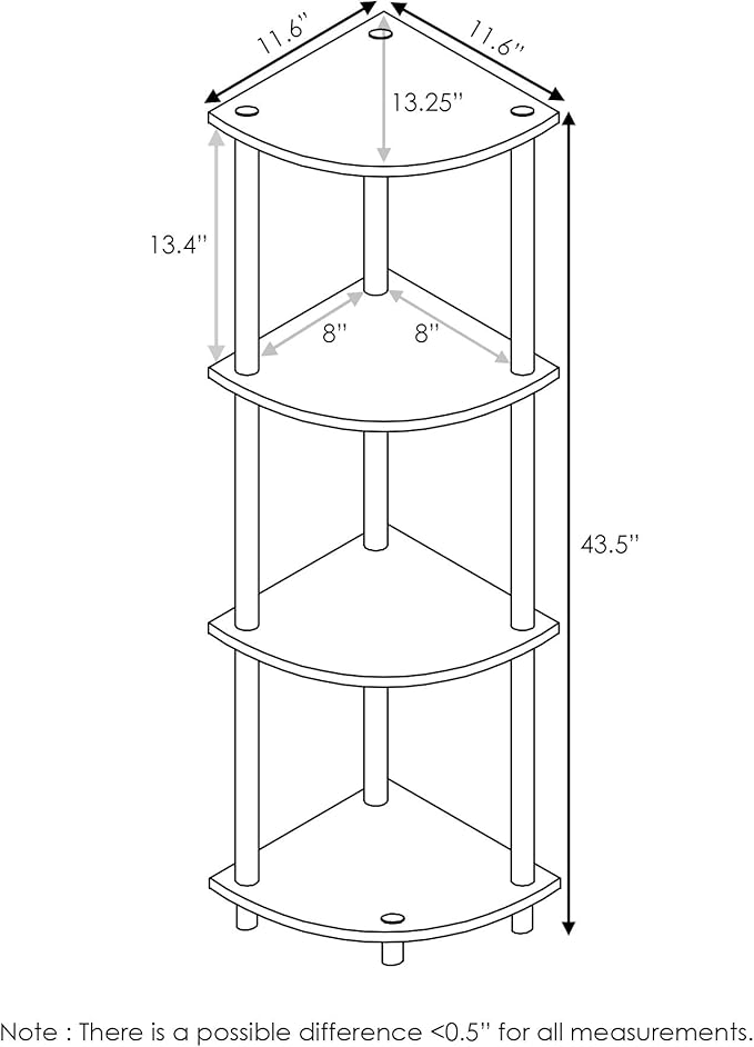 Furinno TURN-N-TUBE Corner Shelf, 4-Tier Corner Bookshelf, Display Storage Shelves with Open Shelves, for Organization and Storage, Living Room, Home Office, Garage, Columbia Walnut