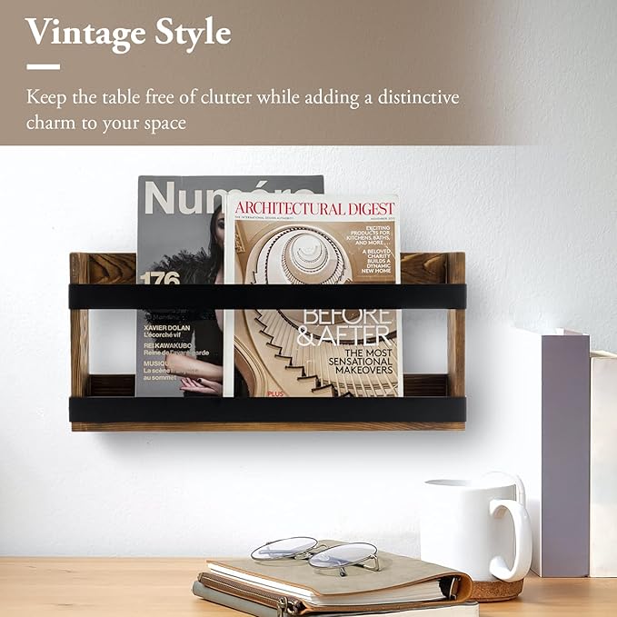 MyGift Rustic Burnt Solid Wood and Industrial Matte Black Metal Magazine Display Rack, Wall Mountable Double Wide Book Holder or Standing Organizer