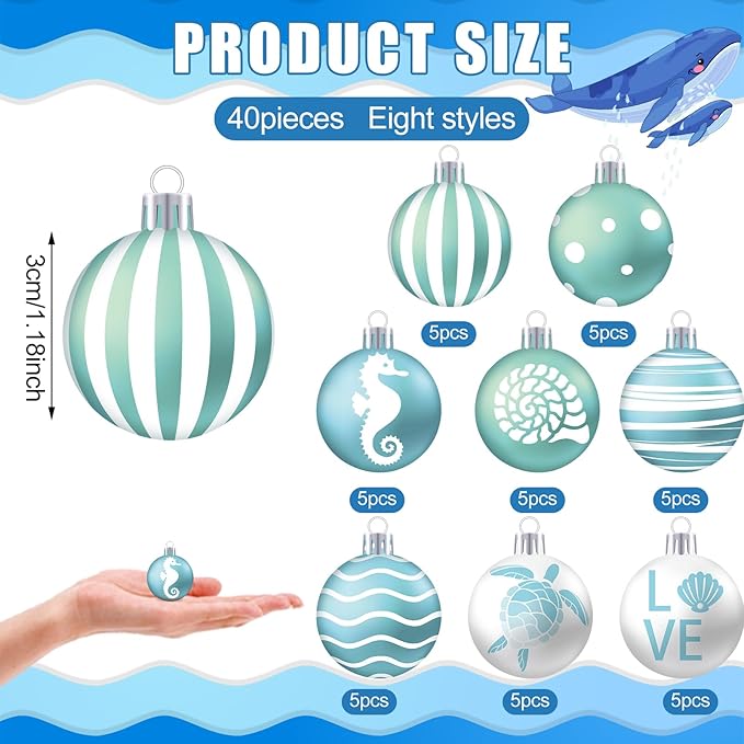 HyDren 40 Pcs Summer Ornaments for Tree 1.2 Inch Mini Beach Ocean Hanging Tree Decorations Seashells Seahorses Turtles Ornaments Balls for Holiday Party Favor Home Decorative Tropical Supplies