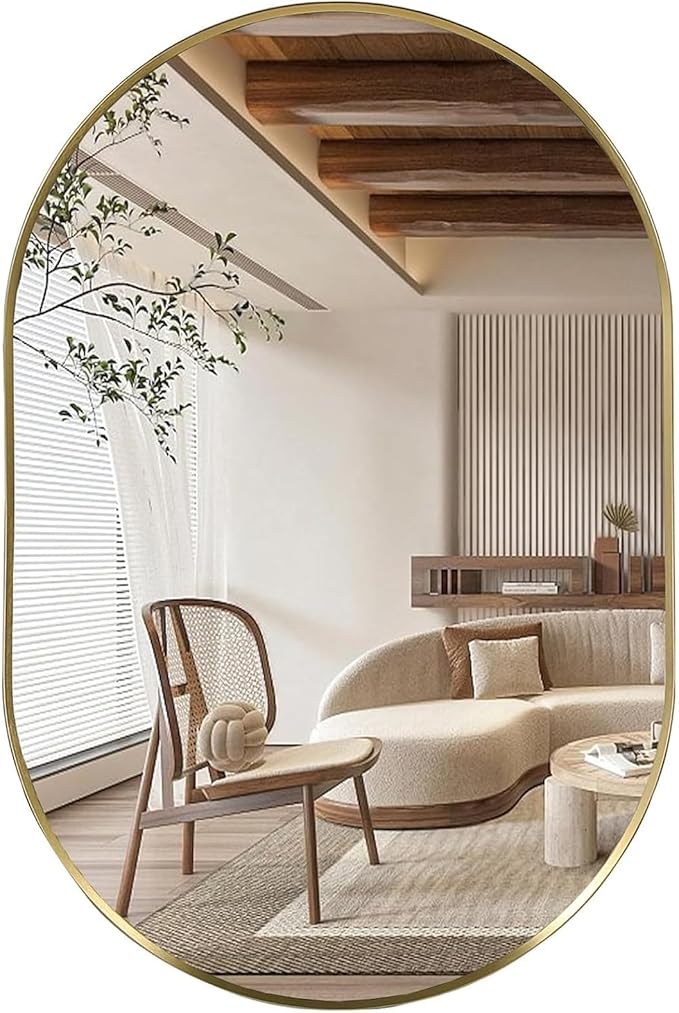 Gold Oval Mirror, 22"x30" Oval Bathroom Mirror, Vanity Mirror with Brushed Metal Frame, Wall Mount Mirrors Decor for Bathroom, Bedroom, Entryway, Living Room(Hangs Horizontally or Vertically)