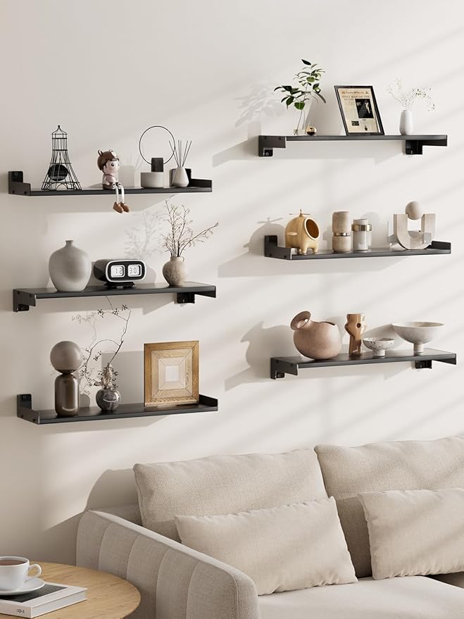 Floating Shelves for Wall, Shelves for Decor Storage Set of 6, Wall Mounted Wood Shelf for Bedroom, Living Room, Bathroom, Kitchen,Long Picture Ledge Shelves.(Black)