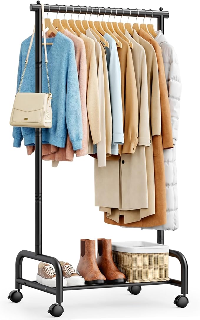 SLEEPING LAMB Heavy Duty Clothing Racks for Hanging Clothes, Small Rolling Clothes Rack with Wheels, Sturdy Garment Wardrobe Rack for Bedroom, Laundry Room, Black