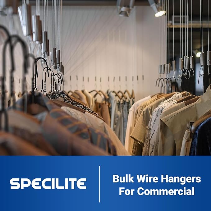 SPECILITE Wire Metal Clothes Hangers Bulk 100 Pack for Standard Size Suits, Coats, Shirts, Pants, Skirts, Space Saving, Non Slip,16 Inch 12 Gauge Ultra Thin, Black