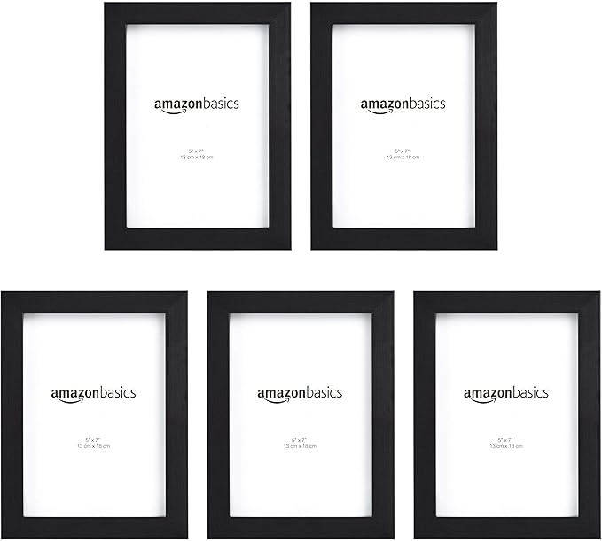 Amazon Basics Rectangular Photo Picture Frame, 5" x 7", Pack of 5, 8.31 x 6.30 inches, Black