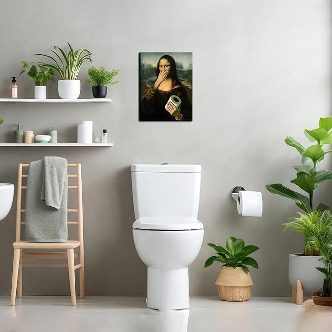 Funny Mona Lisa Canvas Wall Art for Bathroom Decor, Vintage Humor Amusing Toilet Art, Mona Lisa Classical Painting Picture, Whimsical Poster Print Bathroom Wall Decor for Home Decoration 12x16 inch