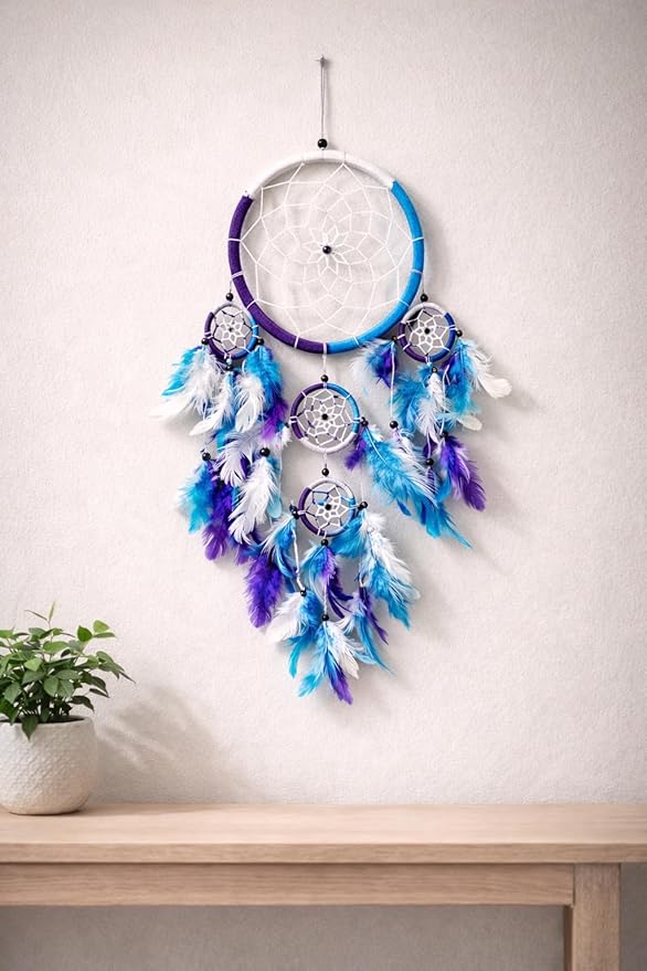 OMA Large Dream Catcher Wall Decor – Tie Dye Dream Catcher with Turquoise, Purple & White Feathers for Bedroom, Living Room, Dorms & Gift, Size - 9” x 30”