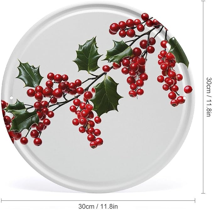 Wall Picture, with Holly Berry Branches Printed Circular Iron Hanging Picture,Wall Art Decor,Home for Bedroom Living Room Bathroom Decor,Iron Painting 11.8X11.8 in