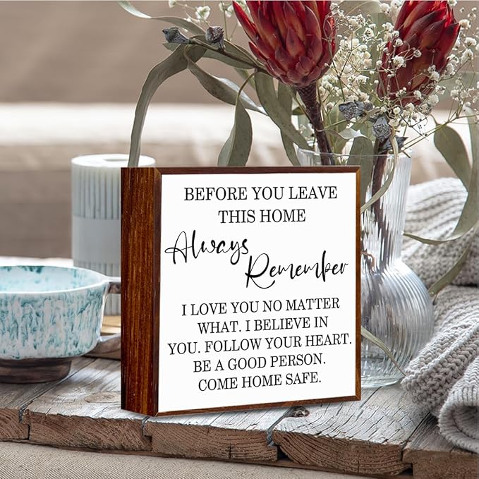 Inspirational Home Decor Signs Quote Wood Box Sign, Before You Leave This Home Wood Box Sign Square Desk Decor，Rustic Farmhouse Home Sign for Shelf Decor 5 x 5 Inches.（white）