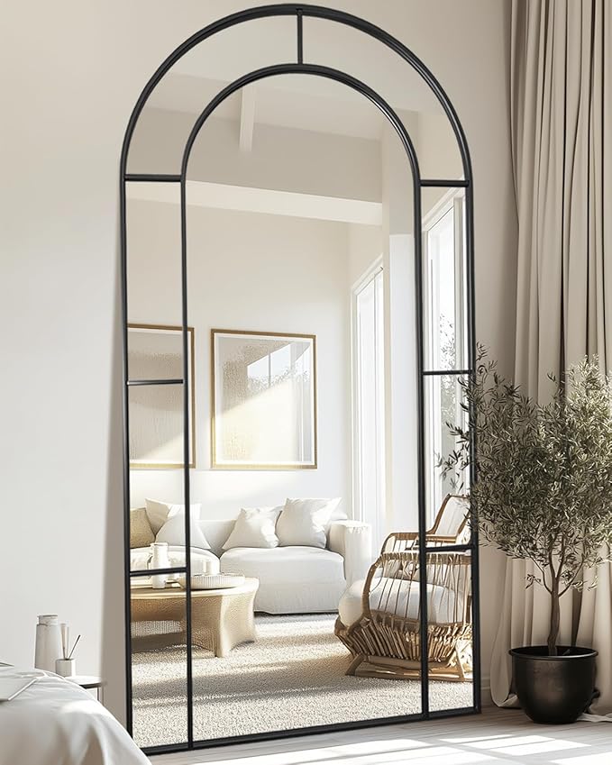 Antok 81" x 41" Full Length Mirror, Floor Mirror Arched Window Decorative Mirror, Metal Framed Decor Farmhouse Floor Mirrors Art Pane Mirrors Wall Decor for Bedroom, Living Room, Entryway Bronwn