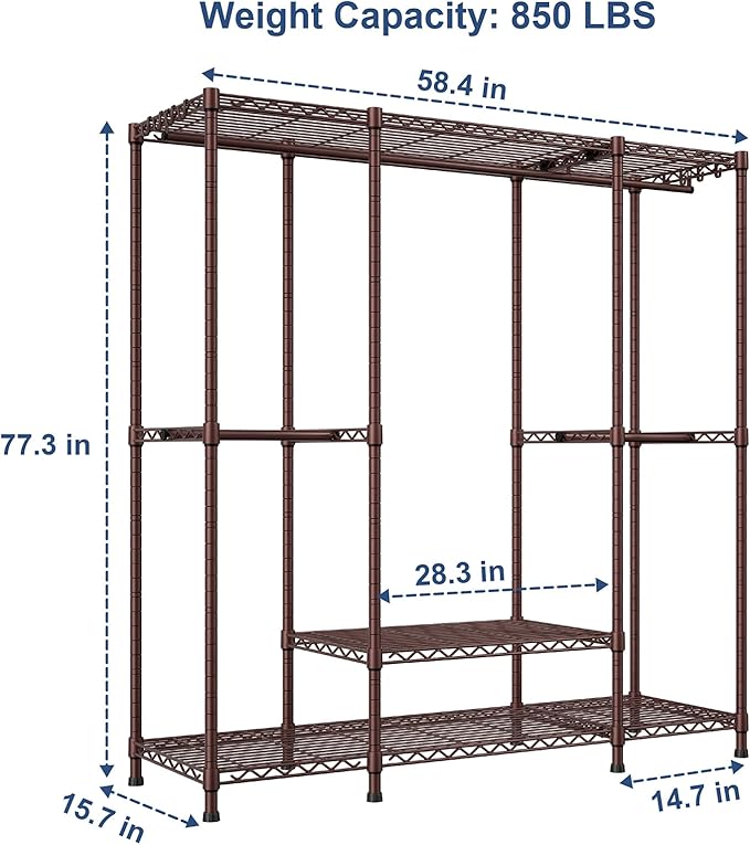 Ulif E3 Heavy Duty Garment Rack, 4 Tiers Freestanding Closet Organizer System with 5 Shelves, Metal Closet Organizer and Storage System for Clothes, Max Load 850lbs, 58.4"W x 15.7"D x 77.3"H, Bronze