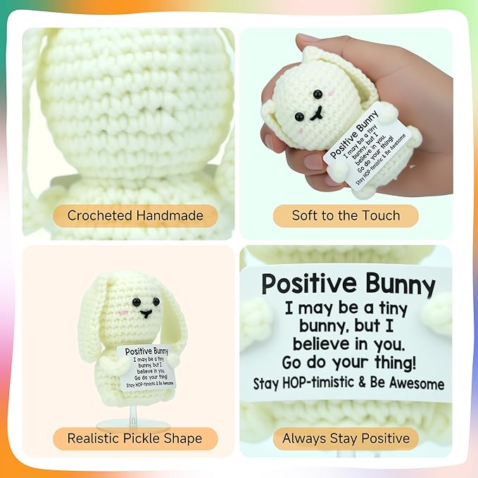 6 Pack Cute Handmade Crochet Dolls Set with Positive Cards & Black Gift Box - Cat Rabbit Sloth Calf Coffee Cup & Taco, Emotional Support Gifts for Friends Women Men Funny Desk Decor for Holidays