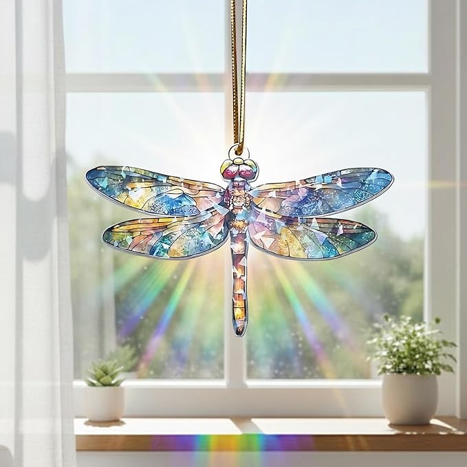 Set Two Dagonfly Ornament, Dragonfly Gift for Women, Dragonflies Decor Suncatcher Effect, Dragon Fly Stained Glass, Dragonfly Ornaments for Christmas Tree, Birthday Gift for Mom