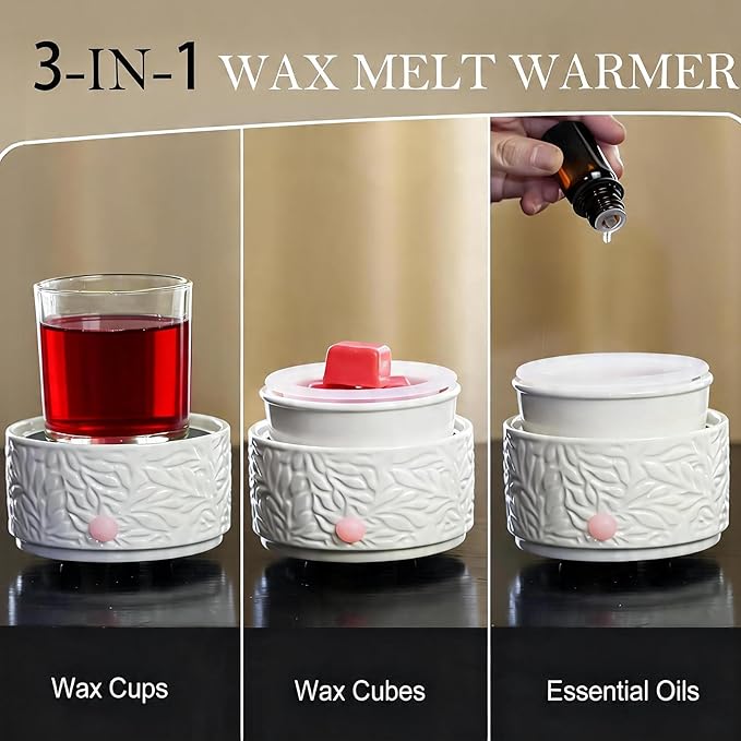 Electric Wax Melt Warmer with Silicone Liner, 3-in-1 Ceramic Scented Wax Burner for Home Aromatherapy, Fast Melting Fragrance Warmer for Essential Oils & Wax Cups, Flame for Women,