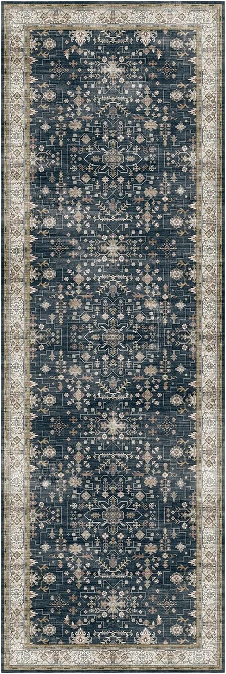 Lessymo Black Washable 2x6 Runner Rugs for Hallway Kitchen Bedroom Beside Laundry Room Bathroom Rug, Non Slip Low Pile Stain Resistant Soft Faux Wool Long 24 x 72 Floor Carpet, Floral Moody Decor